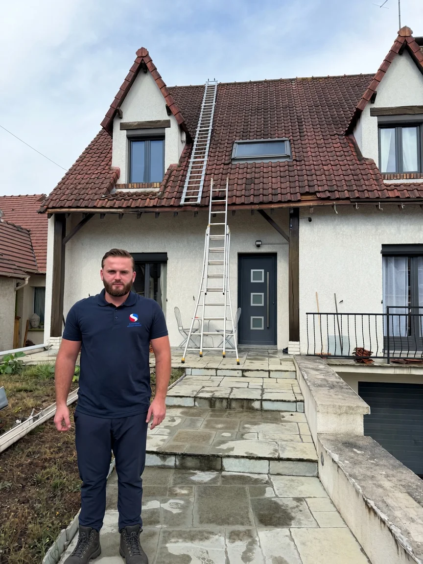 Kenny Simonard, artisan couvreur, devant un pavillon en chantier — M. Simonard, couvreur à Stains